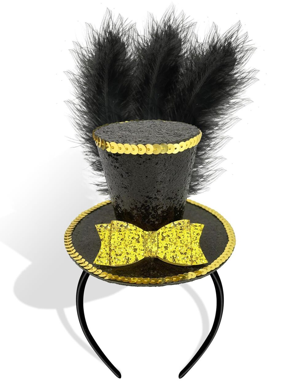 6720 Black Mini Top Hat Headband Fascinator Feather Top Hat Grad Graduation